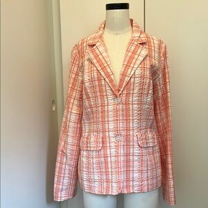 Denim & Co. Women’s Coral & White Crinkly Plaid Fully Lined Blazer.